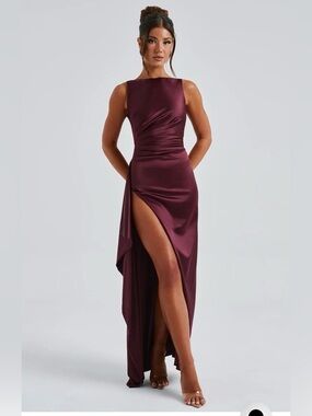 Satin High-Low Evening Gown in Burgundy
